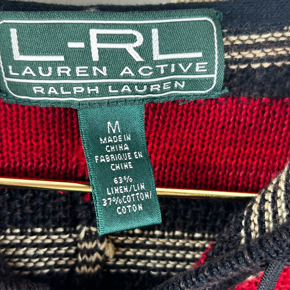 Lauren Ralph Lauren Active red, black, and tan striped hooded knit poncho - Picture 7 of 7